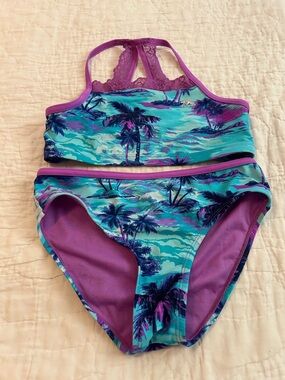 ZeroXposur Teal & Purple Palm-Print Two-Piece Girls Swim Set